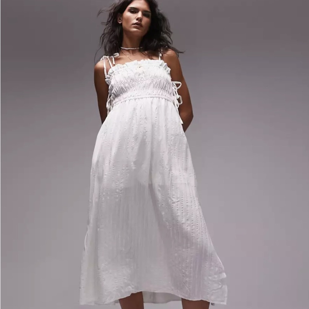 NWT Topshop ruched tie strap textured dress in ivory Sz MED.